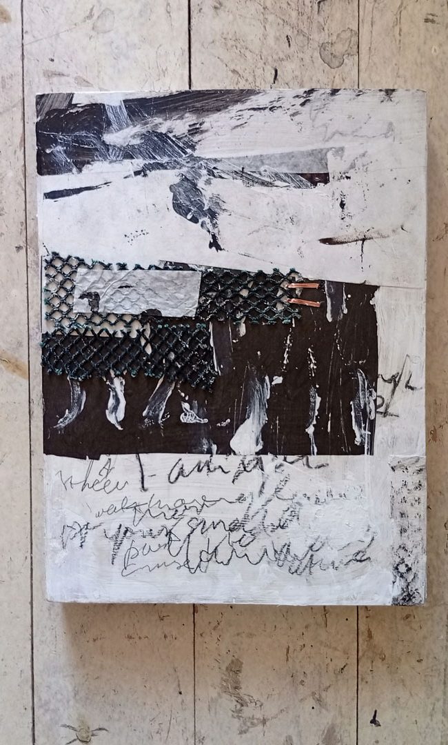 Counting the Cormorants no. 12 is an A4 artwork in monochrome mixed media of painted collage and copper stictched anchovy net