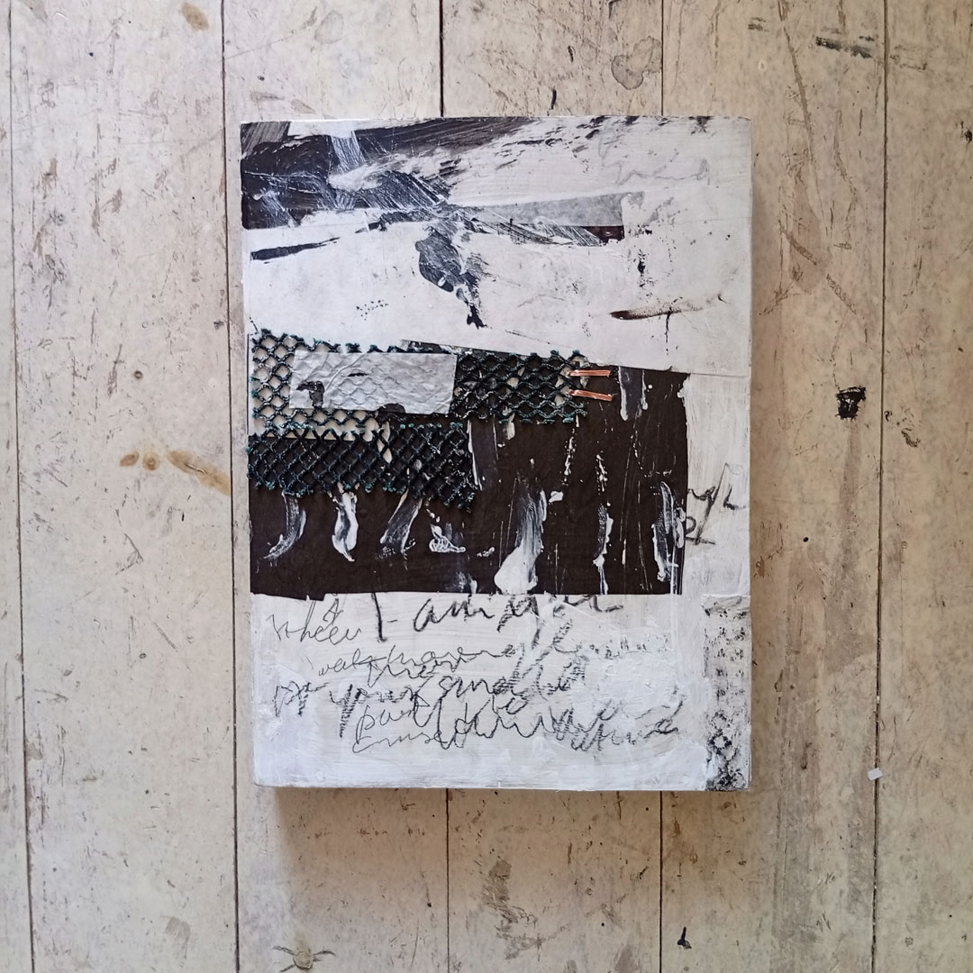 Counting the Cormorants no. 12 is an A4 artwork in monochrome mixed media of painted collage and copper stictched anchovy net