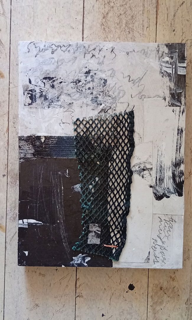 Counting the Cormorants no. 2 is an A4 artwork in monochrome mixed media of painted collage and copper stictched anchovy net