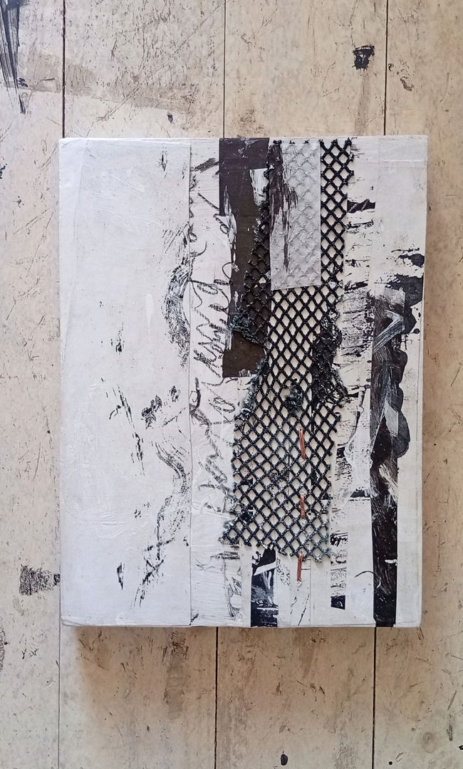 Counting the Cormorants no. 3 is an A4 artwork in monochrome mixed media of painted collage and copper stictched anchovy net