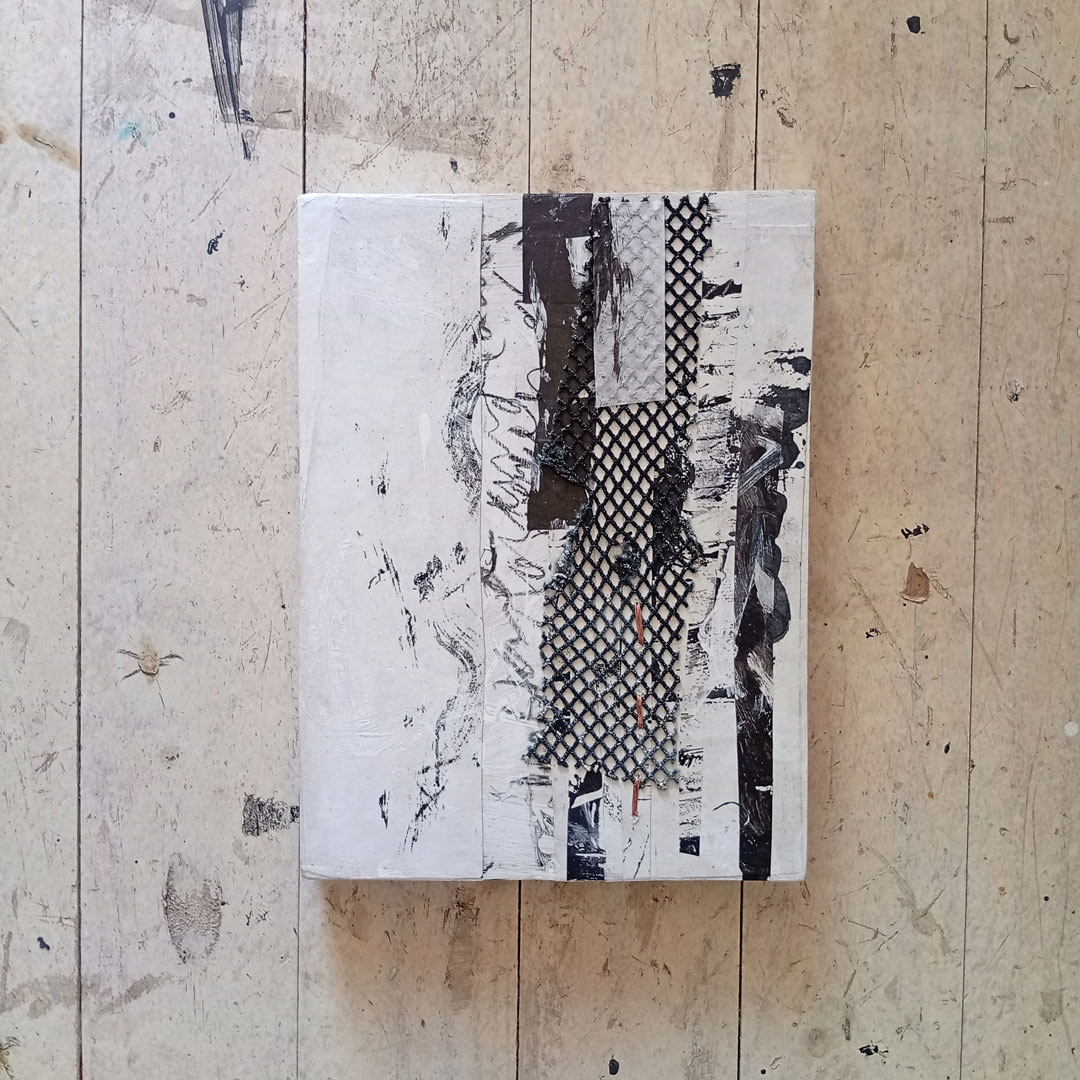 Counting the Cormorants no. 3 is an A4 artwork in monochrome mixed media of painted collage and copper stictched anchovy net