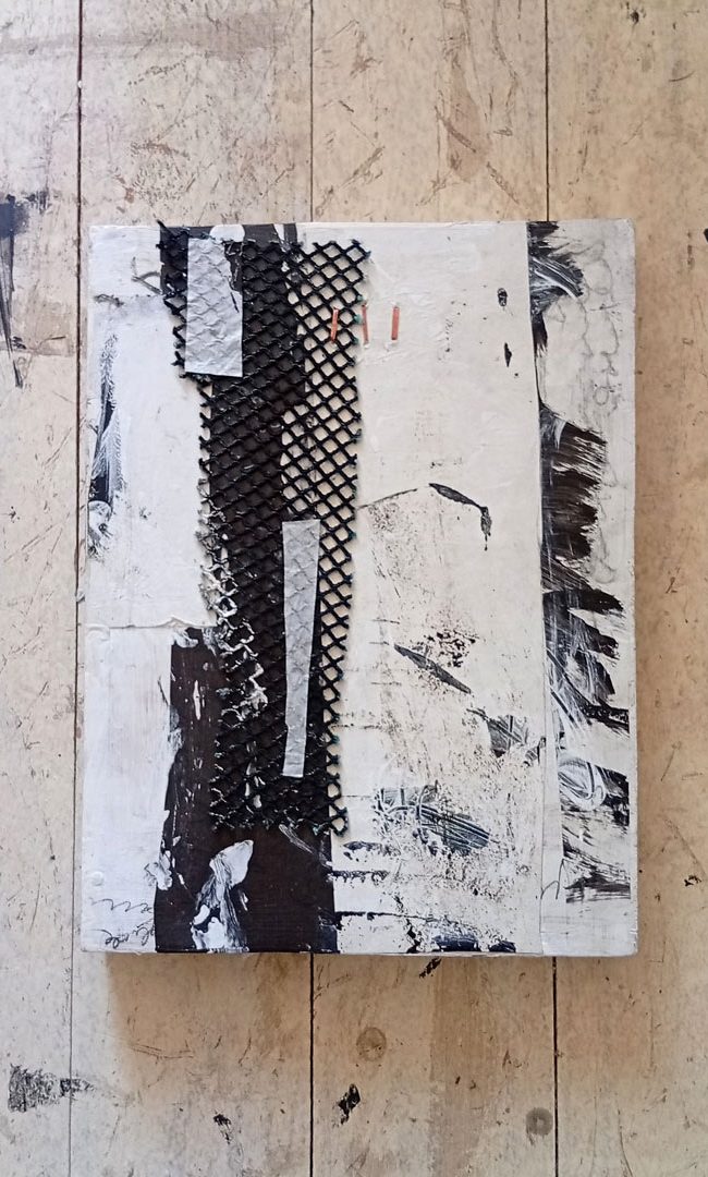 Counting the Cormorants no. 4 is an A4 artwork in monochrome mixed media of painted collage and copper stictched anchovy net