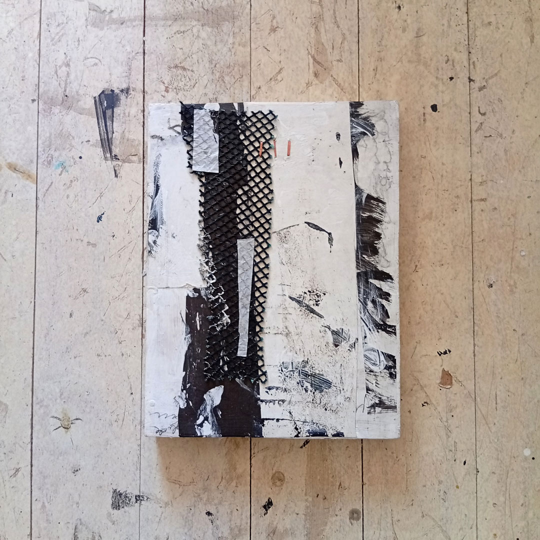 Counting the Cormorants no. 4 is an A4 artwork in monochrome mixed media of painted collage and copper stictched anchovy net