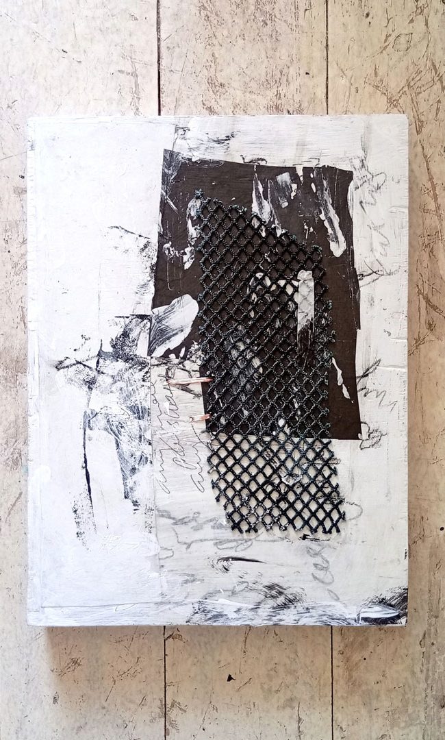 Counting the Cormorants no. 6 is an A4 artwork in monochrome mixed media of painted collage and copper stictched anchovy net