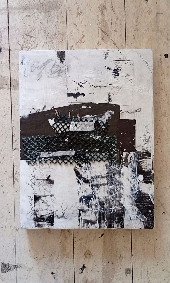 Counting the Cormorants no. 7 is an A4 artwork in monochrome mixed media of painted collage and copper stictched anchovy net