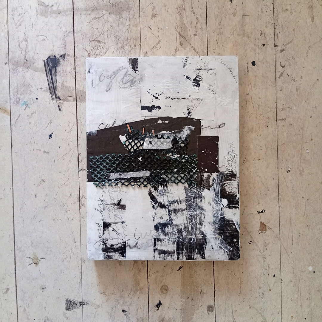 Counting the Cormorants no. 7 is an A4 artwork in monochrome mixed media of painted collage and copper stictched anchovy net
