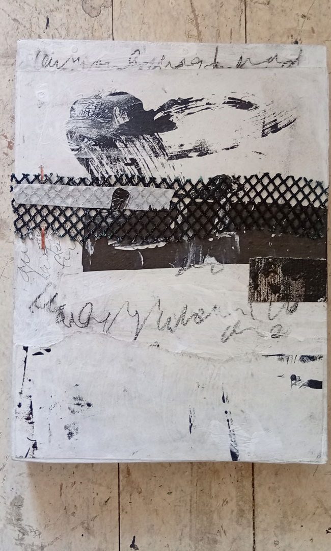 Counting the Cormorants no. 8 is an A4 artwork in monochrome mixed media of painted collage and copper stictched anchovy net