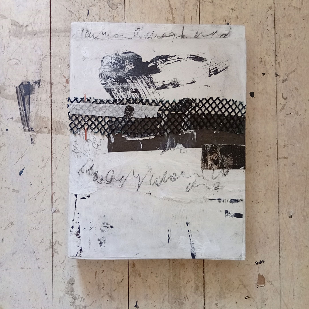 Counting the Cormorants no. 8 is an A4 artwork in monochrome mixed media of painted collage and copper stictched anchovy net