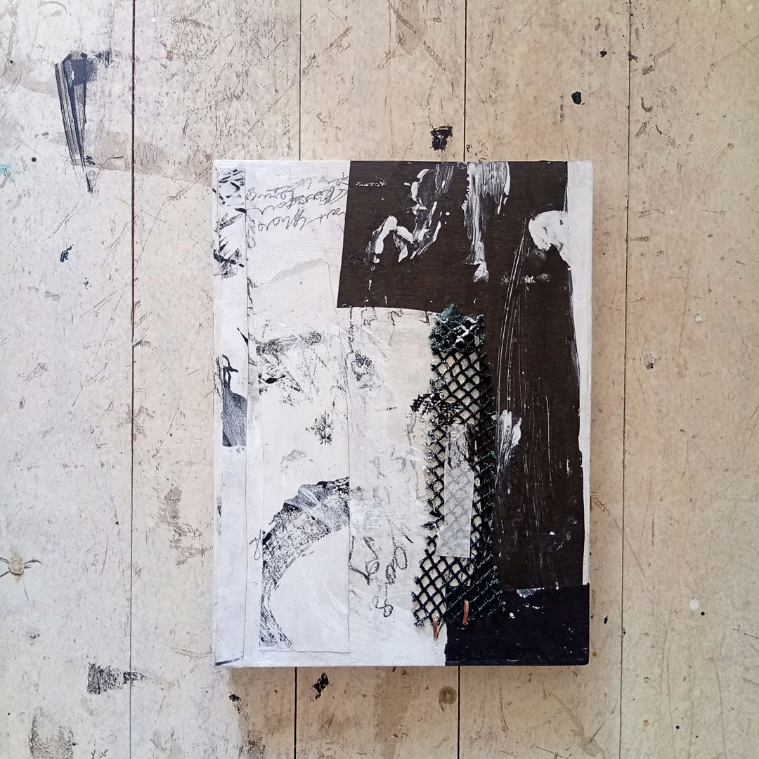 Counting the Cormorants no. 5 is an A4 artwork in monochrome mixed media of painted collage and copper stictched anchovy net